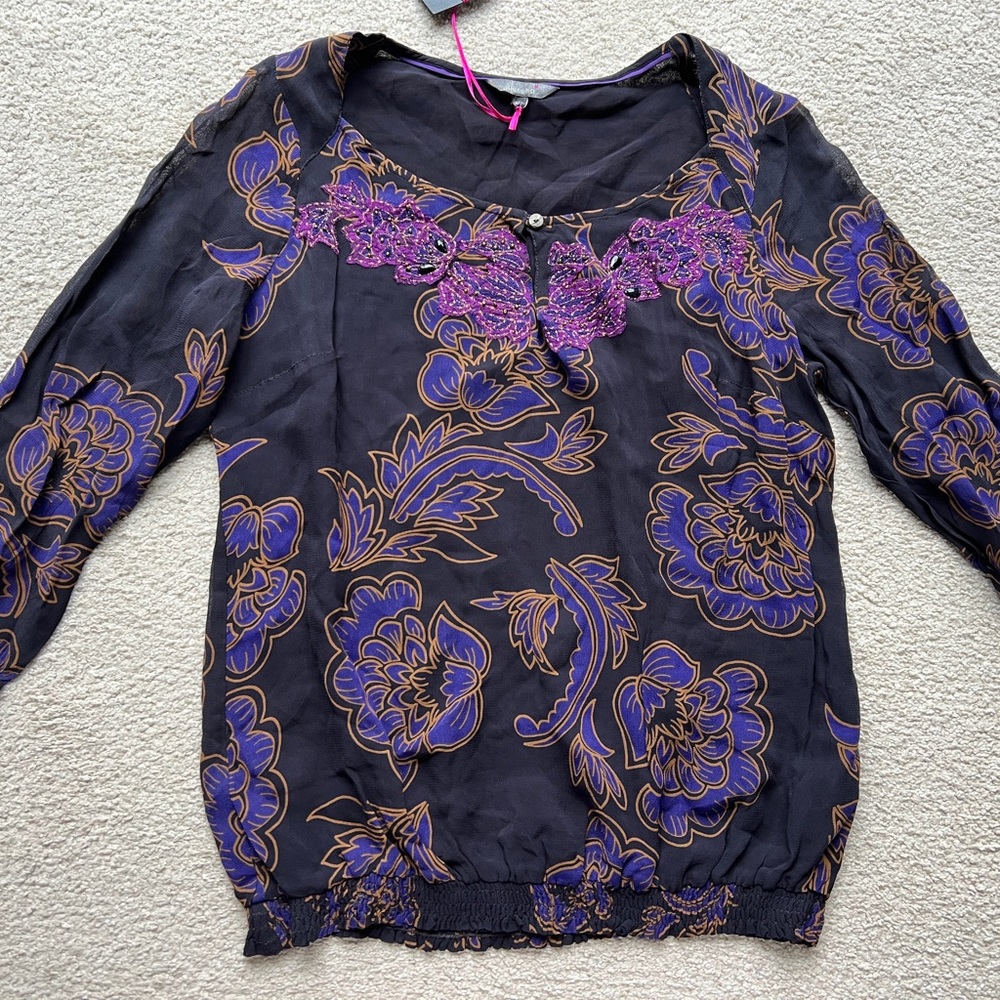 WOMEN MULTI PURPLE Embellished 3/4 SLEEVE BEADED FLORAL PERUNA TOP Blouse Shirt